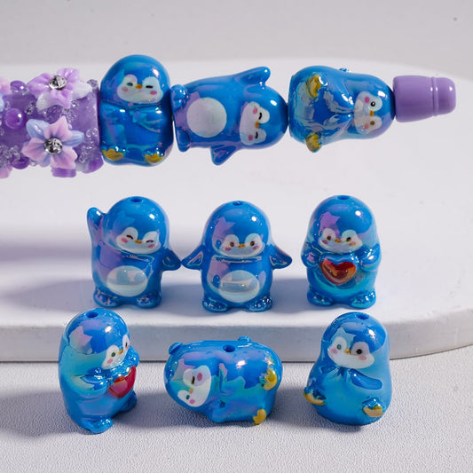Acrylic Beads UV Coating Cute Blue Penguins in Different Gestures, Random Mix