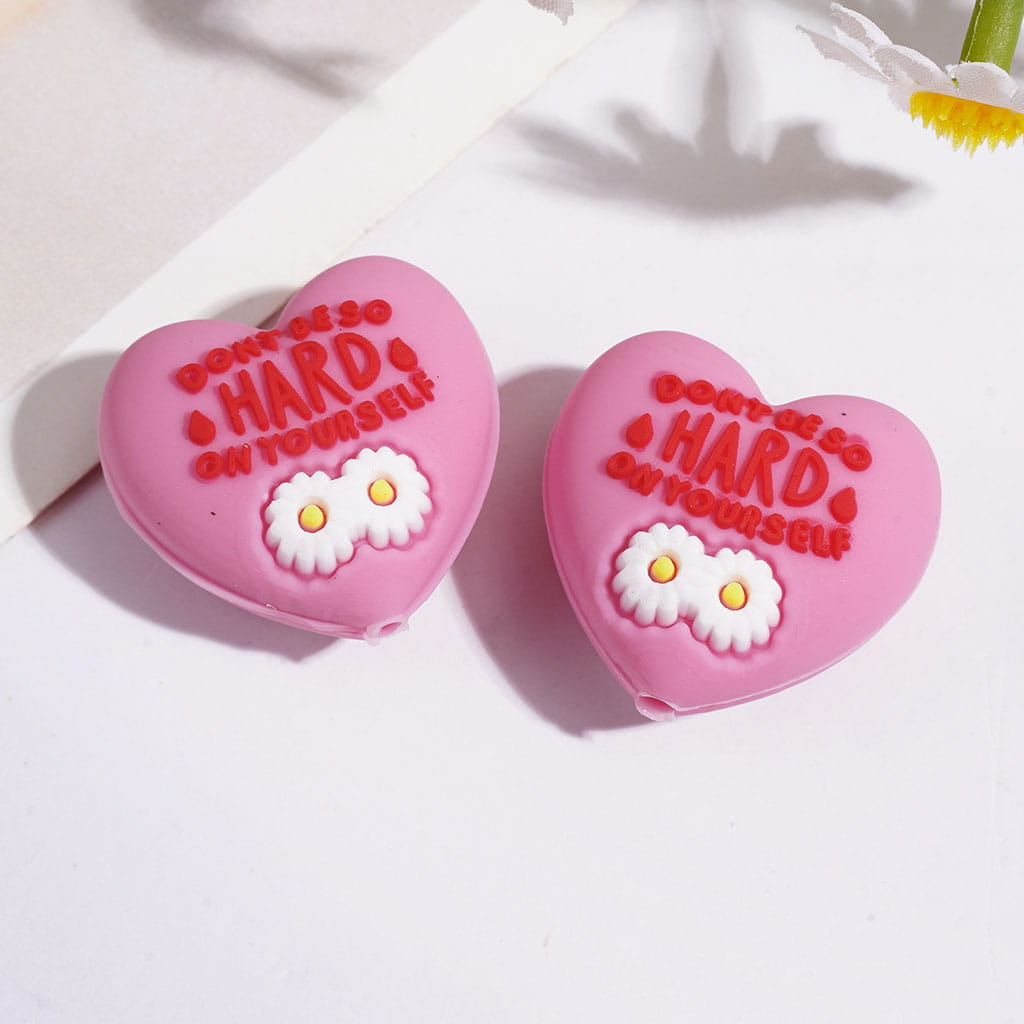 3D Heart Shape w White Daisy Flower & Text "Don't be so hard on yourself" Silicone Focal Beads, 23*14MM, Various Colors