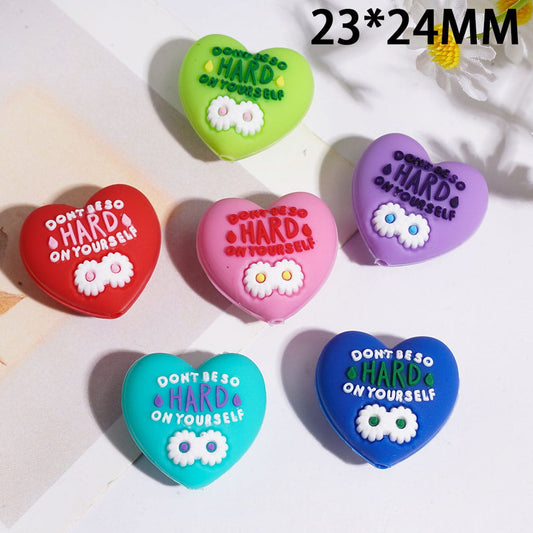 3D Heart Shape w White Daisy Flower & Text "Don't be so hard on yourself" Silicone Focal Beads, 23*14MM, Various Colors