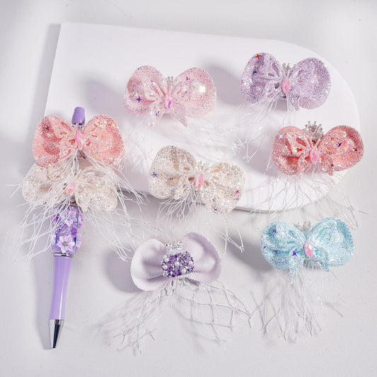 Sugar Acrylic Beads with Fancy Silver Crown White Pearls Shiny Rhinestones Glitter Fabric Butterfly Bowknot