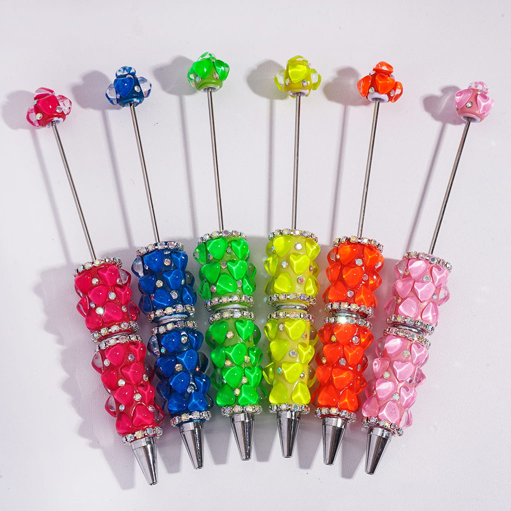 Beadable Clay Pens with Clear Hearts and AB Rhinestone Chains, Fluorescence Color