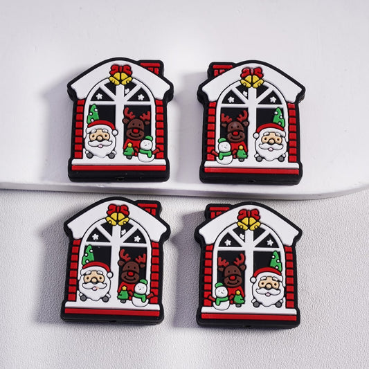Silicone Focal Beads Cute Father Christmas Deer Snowman in a Christmas House