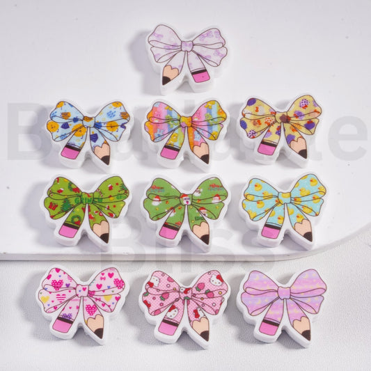 Silicone Focal Beads Multi-Designs Pencil Style Bowknot Teacher, Random Mix