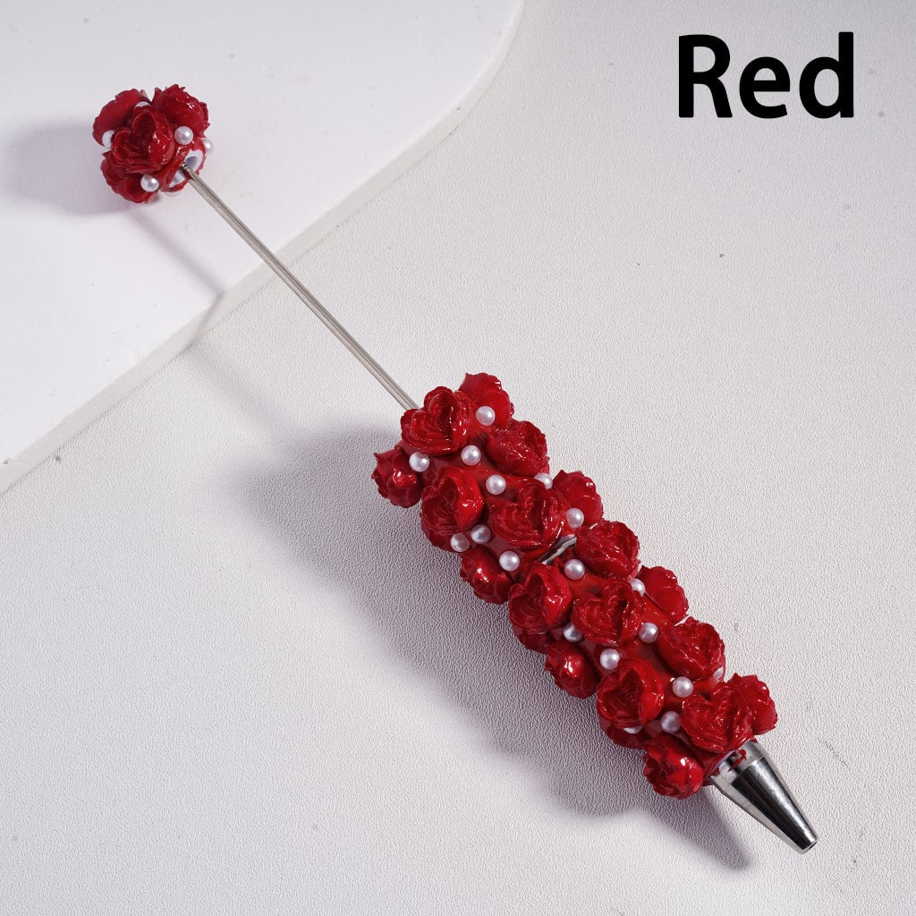 Beadable Clay Pen Luminous with Heart Shape Rose Flower White Pearls