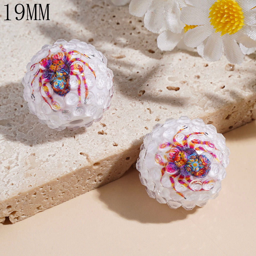 Clear Rhinestones on Ghost Spider Pumpkin Skull Patterns Background Acrylic Beads, 19MM, Various Halloween Style