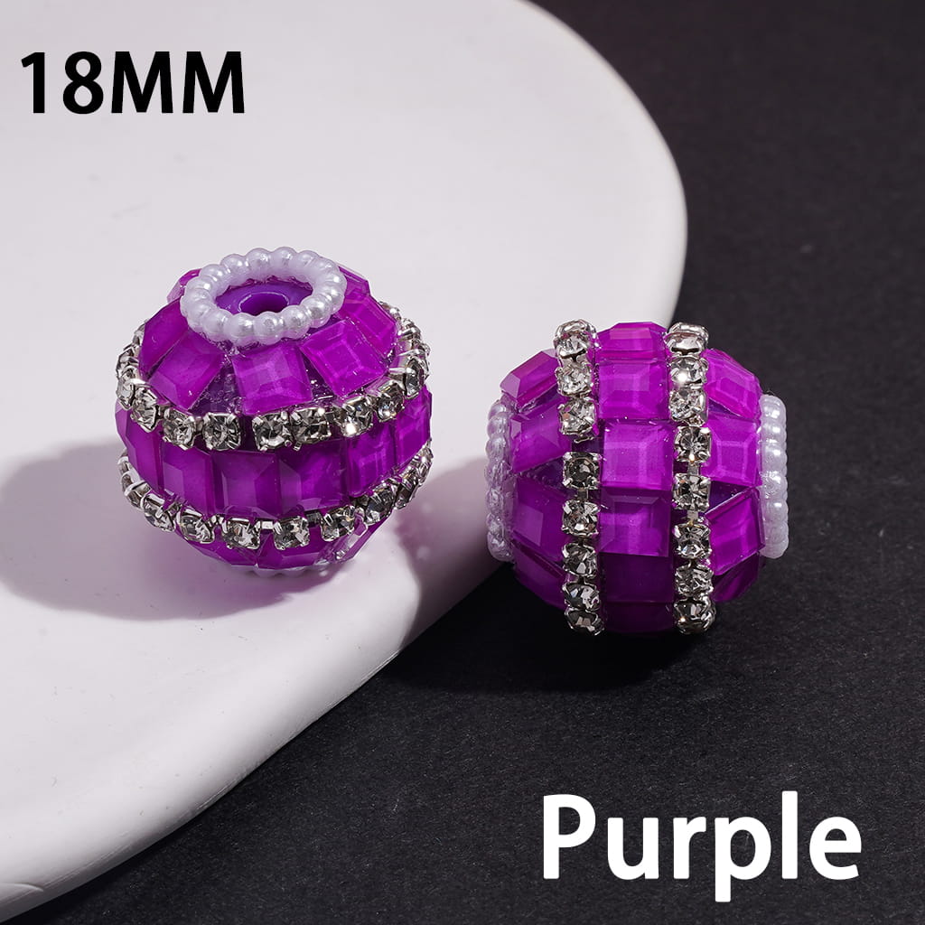 Handmade Acrylic Beads with Square Rhinestones, Clear Rhinestone and White Pearl Chains, 18MM, Neon Color