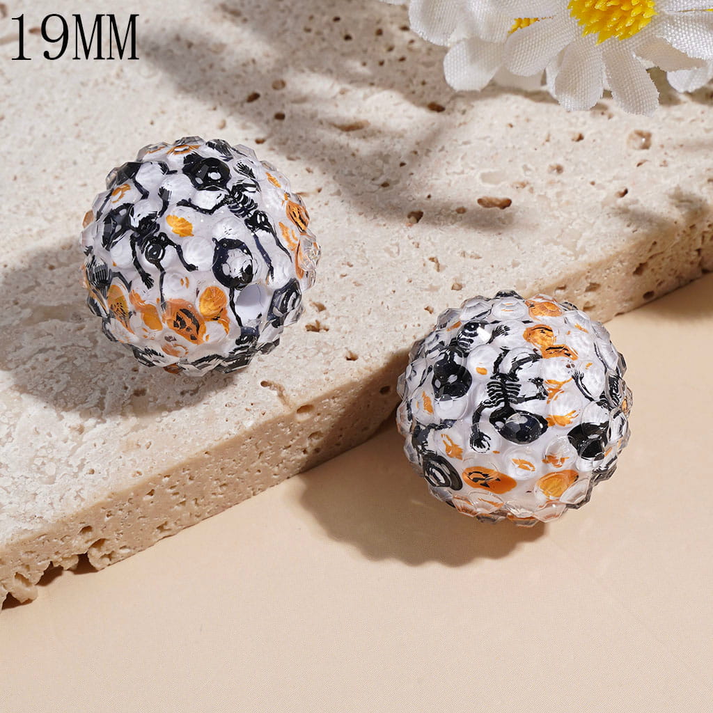 Clear Rhinestones on Ghost Spider Pumpkin Skull Patterns Background Acrylic Beads, 19MM, Various Halloween Style