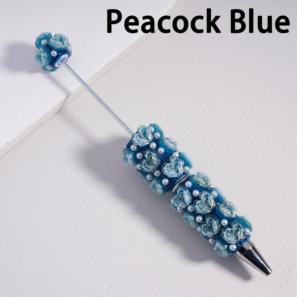 Beadable Clay Pen Luminous with Heart Shape Rose Flower White Pearls
