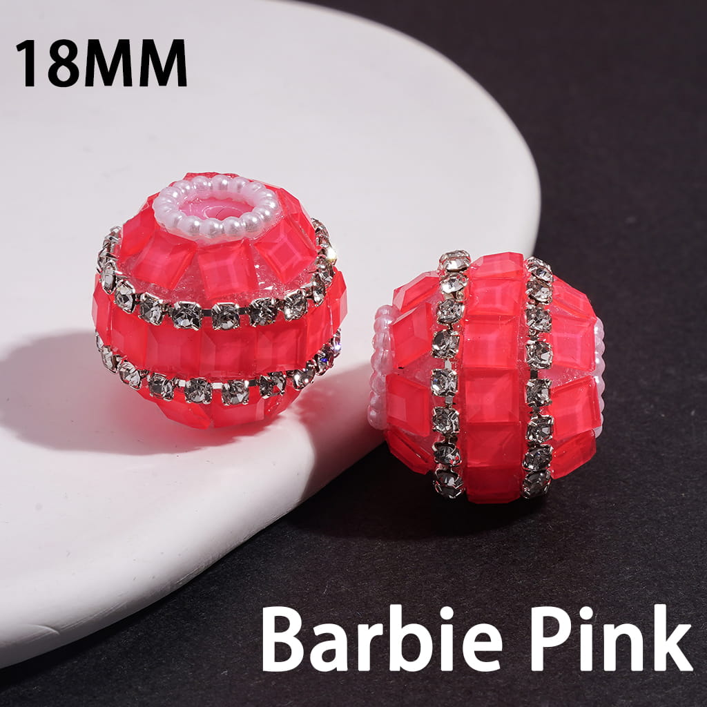 Handmade Acrylic Beads with Square Rhinestones, Clear Rhinestone and White Pearl Chains, 18MM, Neon Color