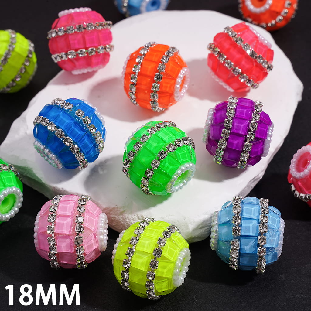 Handmade Acrylic Beads with Square Rhinestones, Clear Rhinestone and White Pearl Chains, 18MM, Neon Color