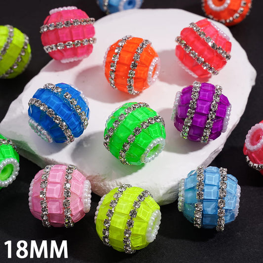 Handmade Acrylic Beads with Square Rhinestones, Clear Rhinestone and White Pearl Chains, 18MM, Neon Color