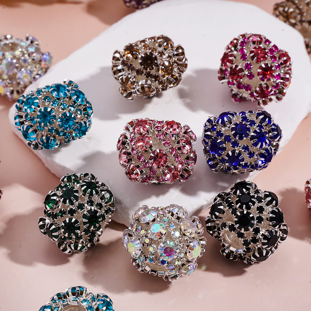 Handmade Acrylic Beads with Multi-Color Rhinestones in Silver Alloy Claw Setting, Around 22MM, Random Mix