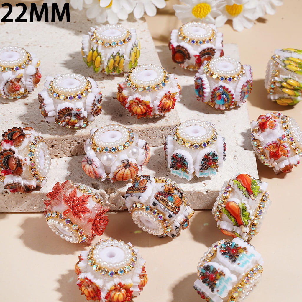 Handmade Acrylic Beads with Thanksgiving Day Theme, White Pearl & Metal Chains with AB Rhinestone, 22MM Random Mix