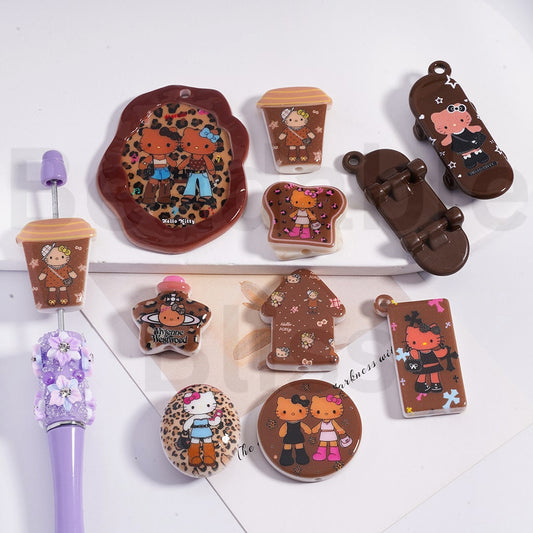 Acrylic Beads & Pendants Cute Hello Kitt Series Skateboard Jelly Drink Coffee Cup Chocolate Beans, Brown Color Series, Random Mix
