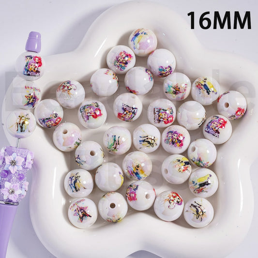 Acrylic Beads UV Coating Girl Group Hunt, White, 16MM, Random Mix