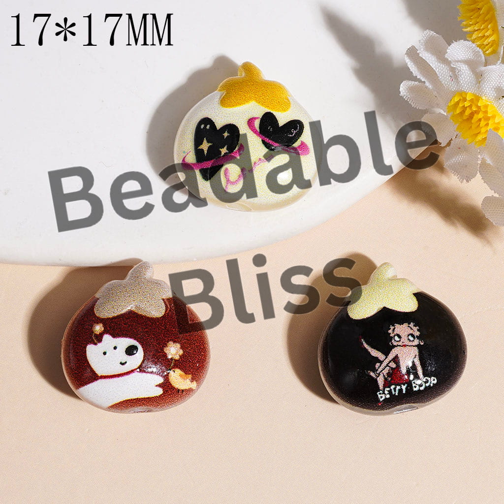 Acrylic Beads Persimmon Shape with Santa Claus Cat Dog Heart Old Girl Patterns, 17*17MM  Random Mix