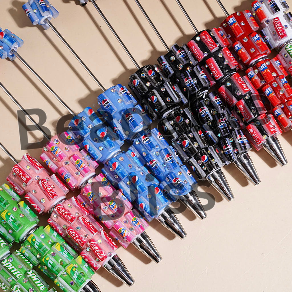 Beadable Clay Pens with Soda Carbonated Soft Drinking Can and AB Rhinestones, Diverse Designs