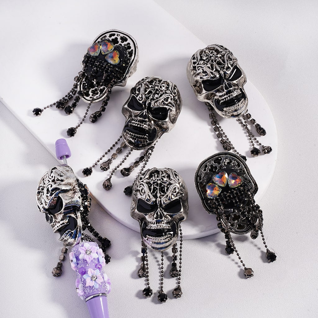 Fancy Alloy Horror Skeleton Skull Head with Metal Rhinestones Chains Shiny Hearts Round Clay Beads (It is Hard to stick into the Pen Pole)