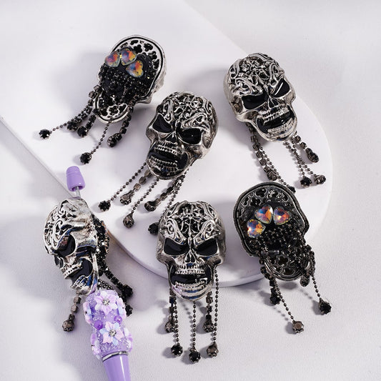 Fancy Alloy Horror Skeleton Skull Head with Metal Rhinestones Chains Shiny Hearts Round Clay Beads (It is Hard to stick into the Pen Pole)