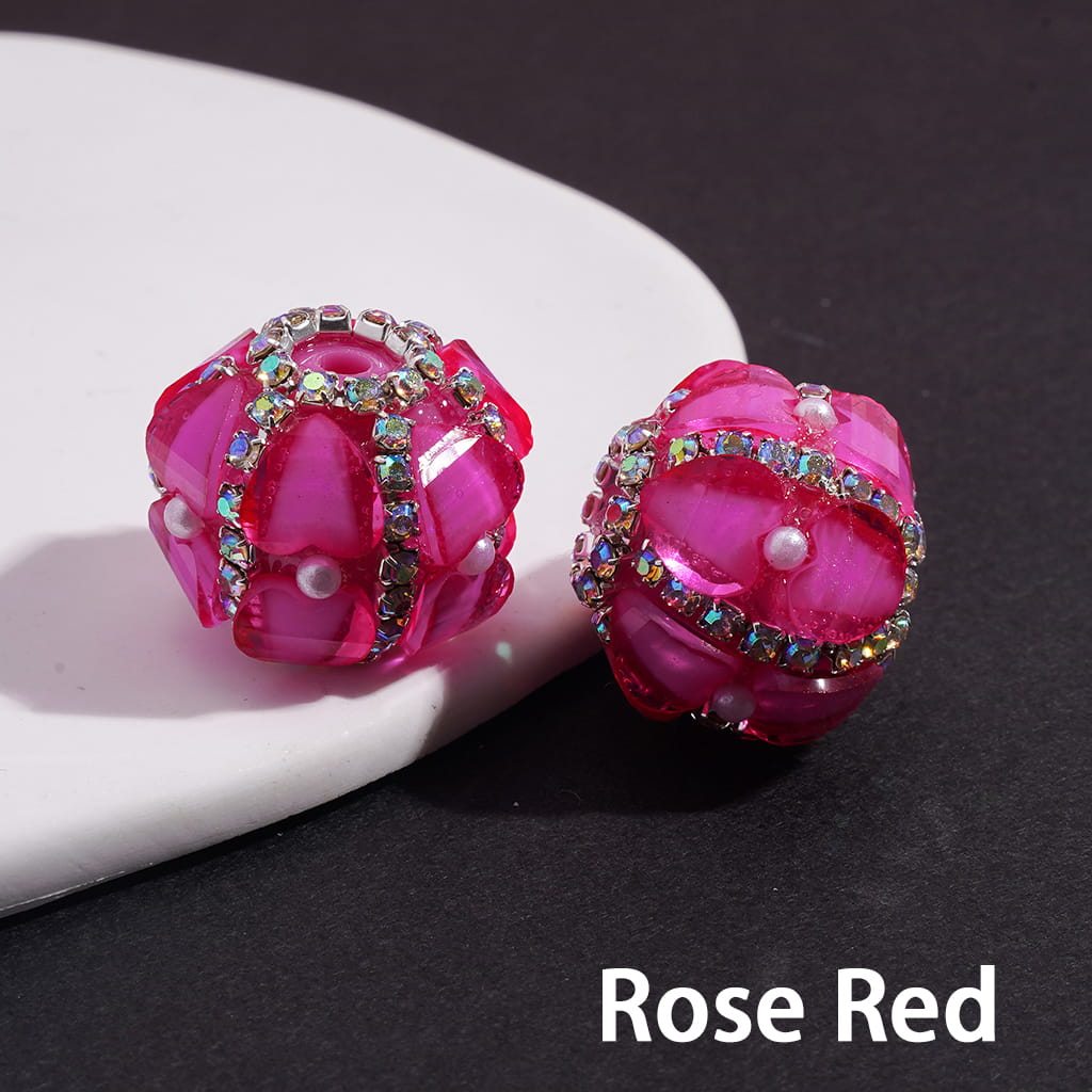 Handcrafted Acrylic Beads with Heart and AB Rhinestone Chains, White Pearls, Fluorescence Colors, 20MM