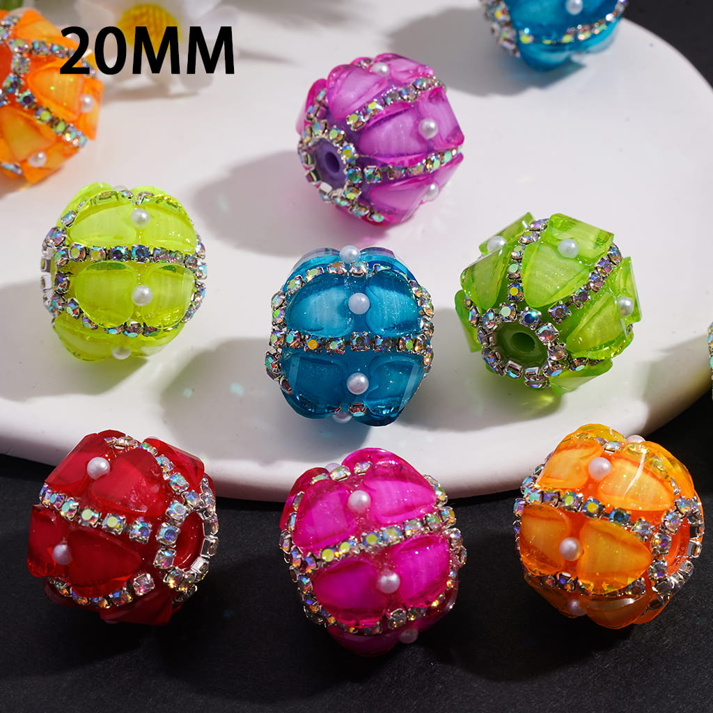 Handcrafted Acrylic Beads with Heart and AB Rhinestone Chains, White Pearls, Fluorescence Colors, 20MM