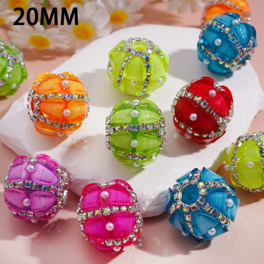 Handcrafted Acrylic Beads with Heart and AB Rhinestone Chains, White Pearls, Fluorescence Colors, 20MM