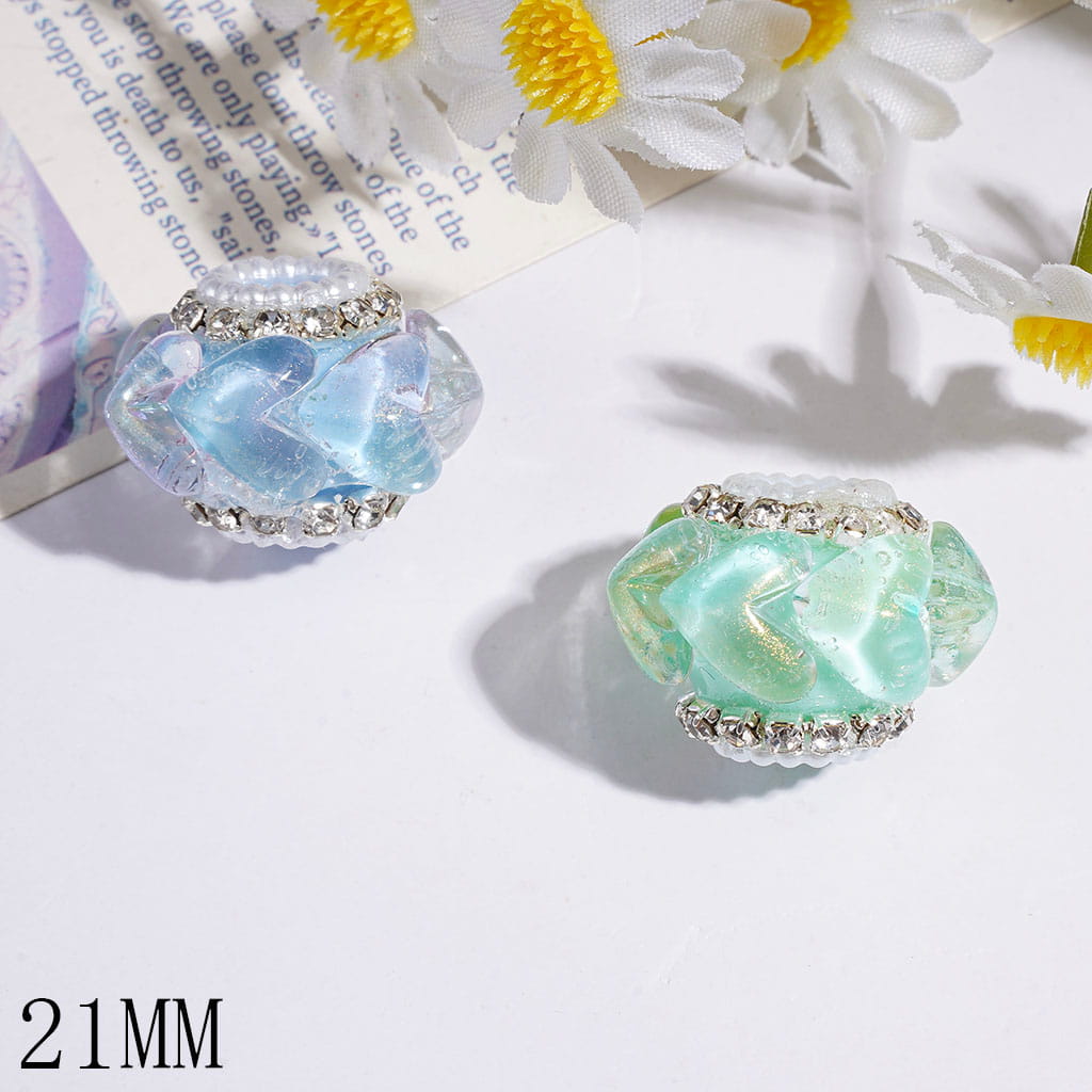 21MM - Hand-Made Acrylic Beads Plump Hearts w Gold Glitter, Clear Rhinestone & White Pearl Chains, Multi-Color, Random Mix