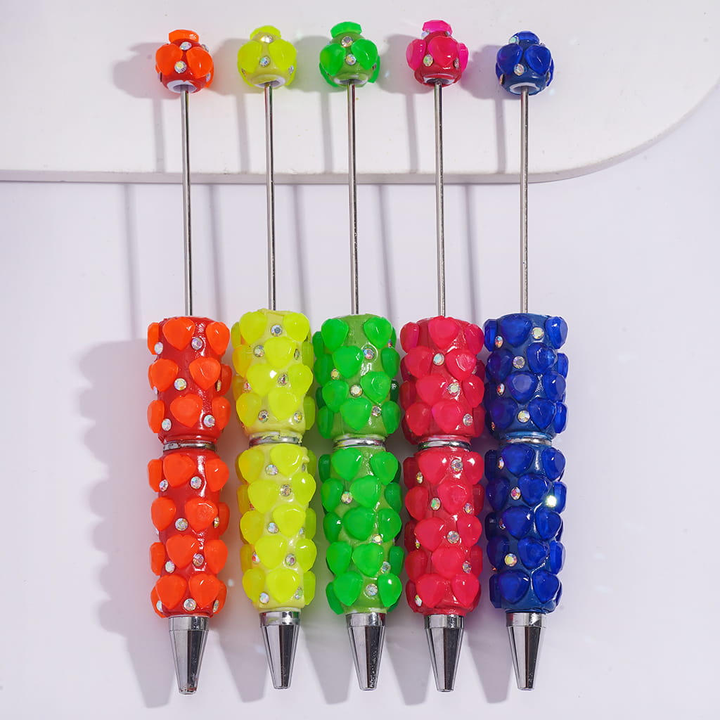 Beadable Clay Pens with Multi-Face Hearts and AB Rhinestones, Fluorescence Colors