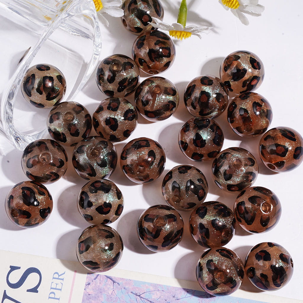 Black Edged Brown Leopard Print Acrylic Beads for Bracelets, 16MM, Shiny Glitter, Semi-Clear