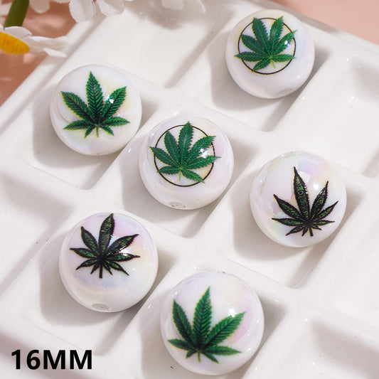 Acrylic Beads for Bracelets with Green Addictive Leaf Patterns, 16MM, Random Mix