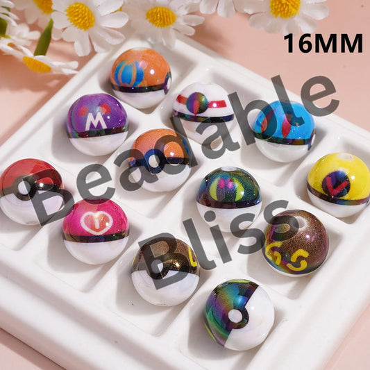 Acrylic Beads UV Coating Small Monster Series Balls with Prints, 16MM, Multi-Color, Random Mix