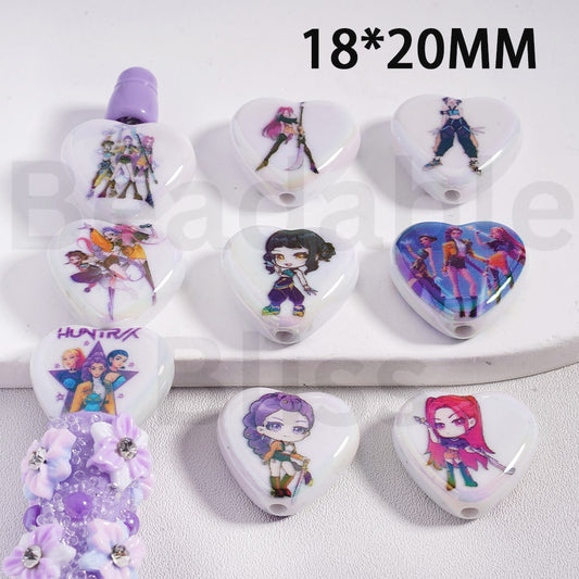 Acrylic Beads UV Coating Girl Group Hunt, Flat Heart Shape, 18*20MM, Random Mix