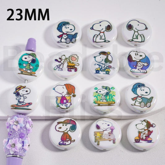 Acrylic Beads UV Coating Cute Snoop Peanu, Flat Round Shape, 23MM, Random Mix