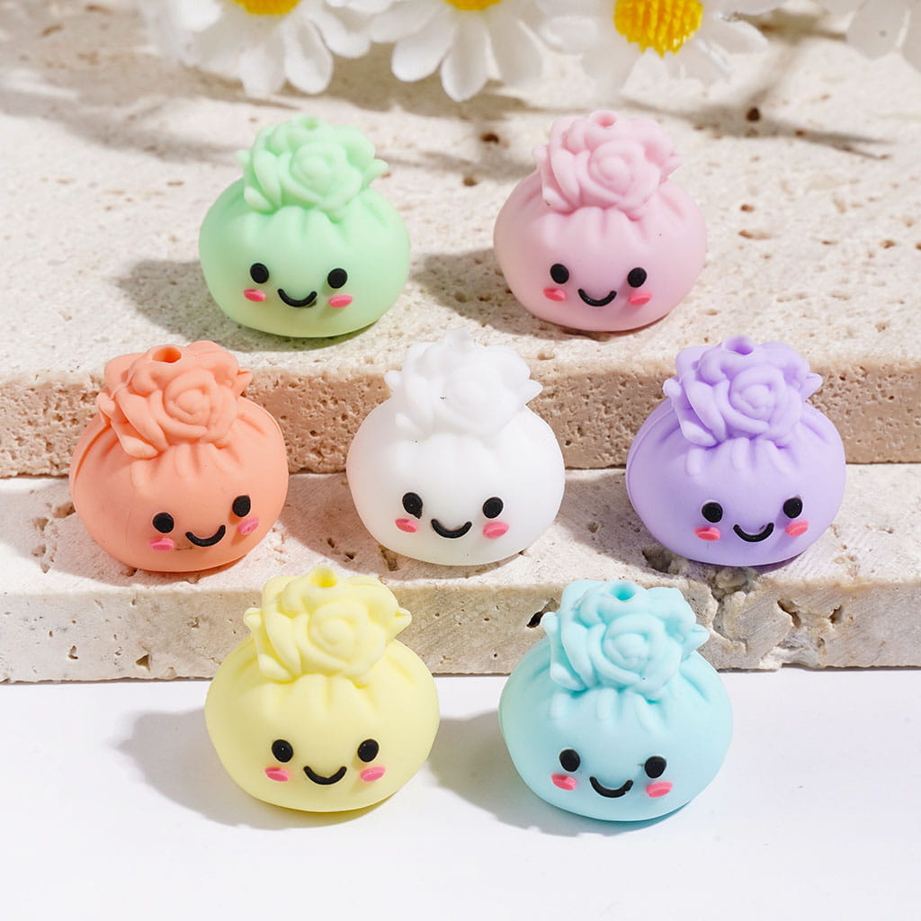 3D Smiling Dumpling with Rose Flower Silicone Focal Beads, Multi-Color