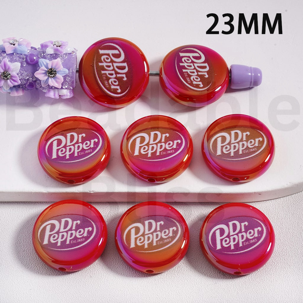 Acrylic Beads UV Coating Dr. Peppe Soda Drink, Flat Round Shape, 23MM