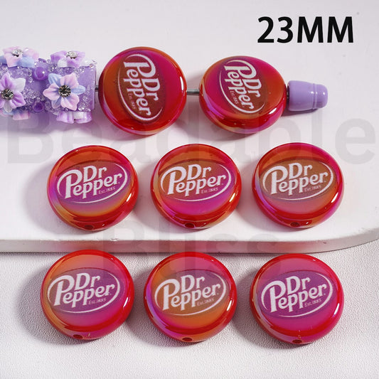 Acrylic Beads UV Coating Dr. Peppe Soda Drink, Flat Round Shape, 23MM