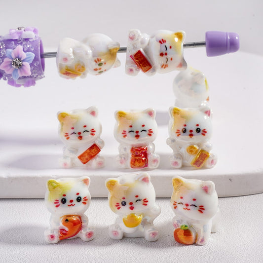 Acrylic Beads UV Coating Cute Fortune Cat, Random  Mix