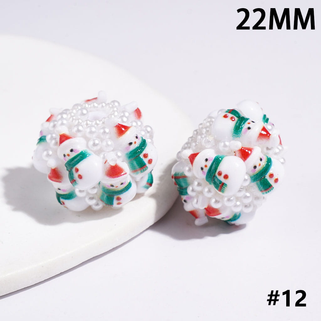 22MM-Christmas Tree Santa Claus Sock Snowman Gloves Bells Sleigh Wreath Candy Cane Acrylic Beads, White Pearls, Red Green White Base