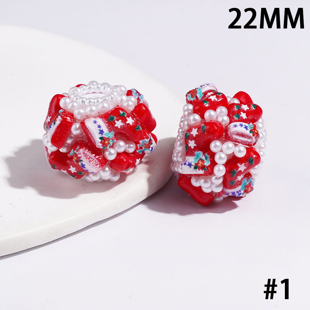 22MM-Christmas Tree Santa Claus Sock Snowman Gloves Bells Sleigh Wreath Candy Cane Acrylic Beads, White Pearls, Red Green White Base