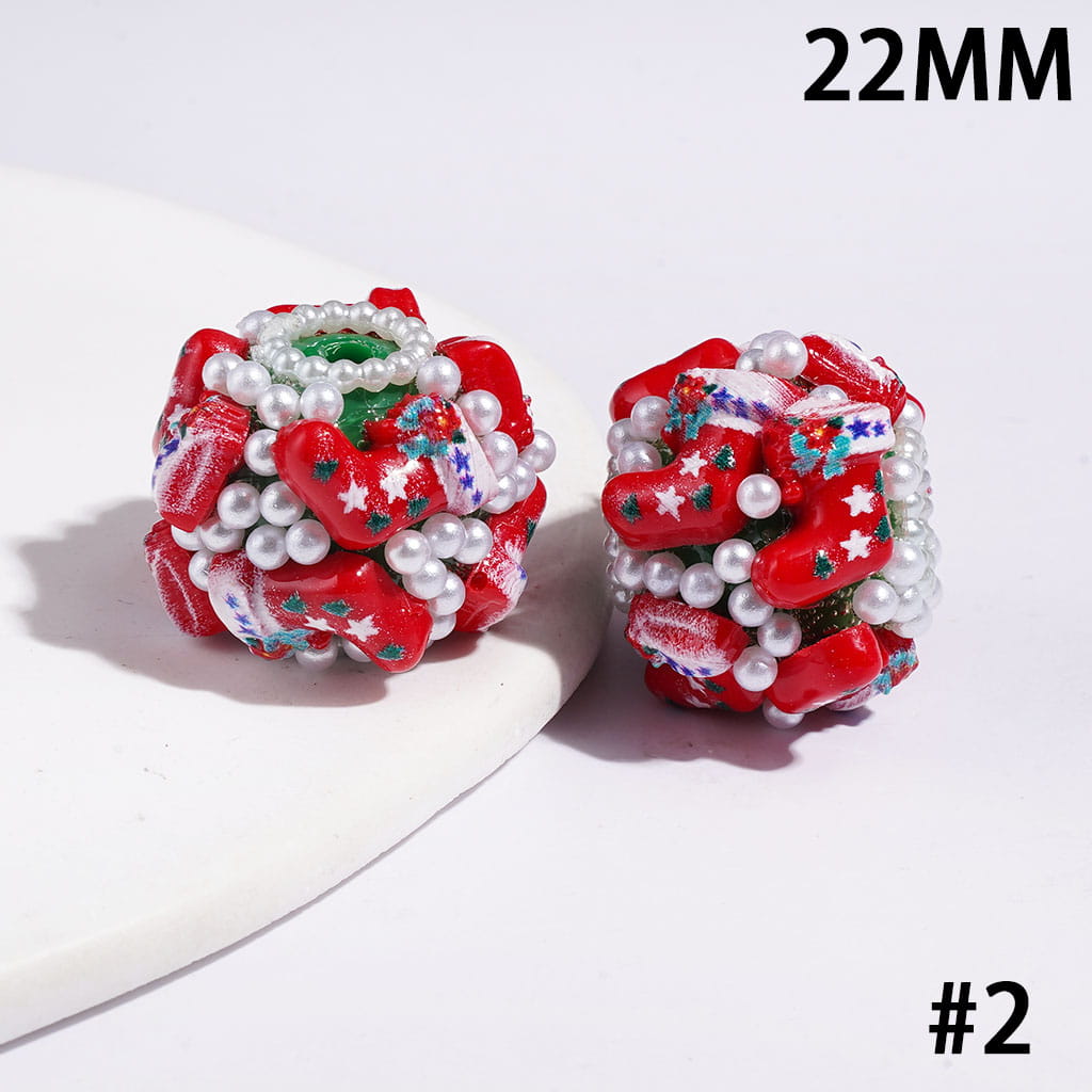 22MM-Christmas Tree Santa Claus Sock Snowman Gloves Bells Sleigh Wreath Candy Cane Acrylic Beads, White Pearls, Red Green White Base