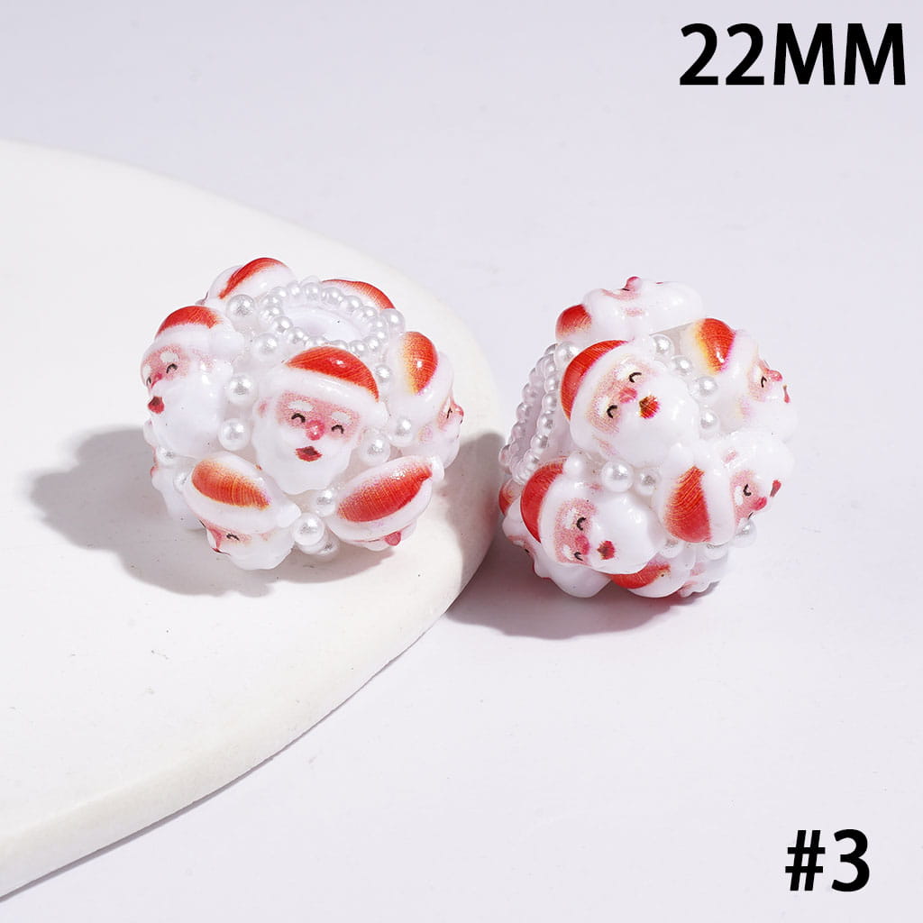 22MM-Christmas Tree Santa Claus Sock Snowman Gloves Bells Sleigh Wreath Candy Cane Acrylic Beads, White Pearls, Red Green White Base