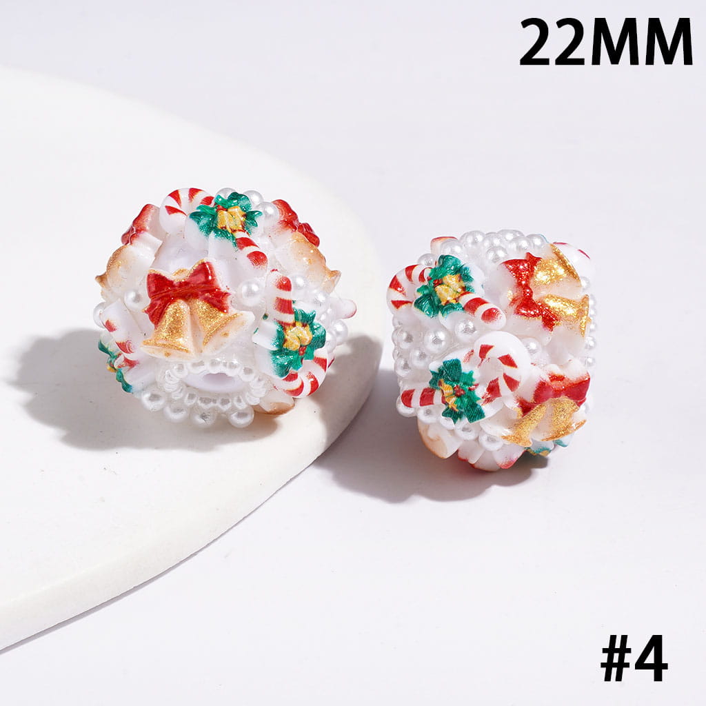 22MM-Christmas Tree Santa Claus Sock Snowman Gloves Bells Sleigh Wreath Candy Cane Acrylic Beads, White Pearls, Red Green White Base
