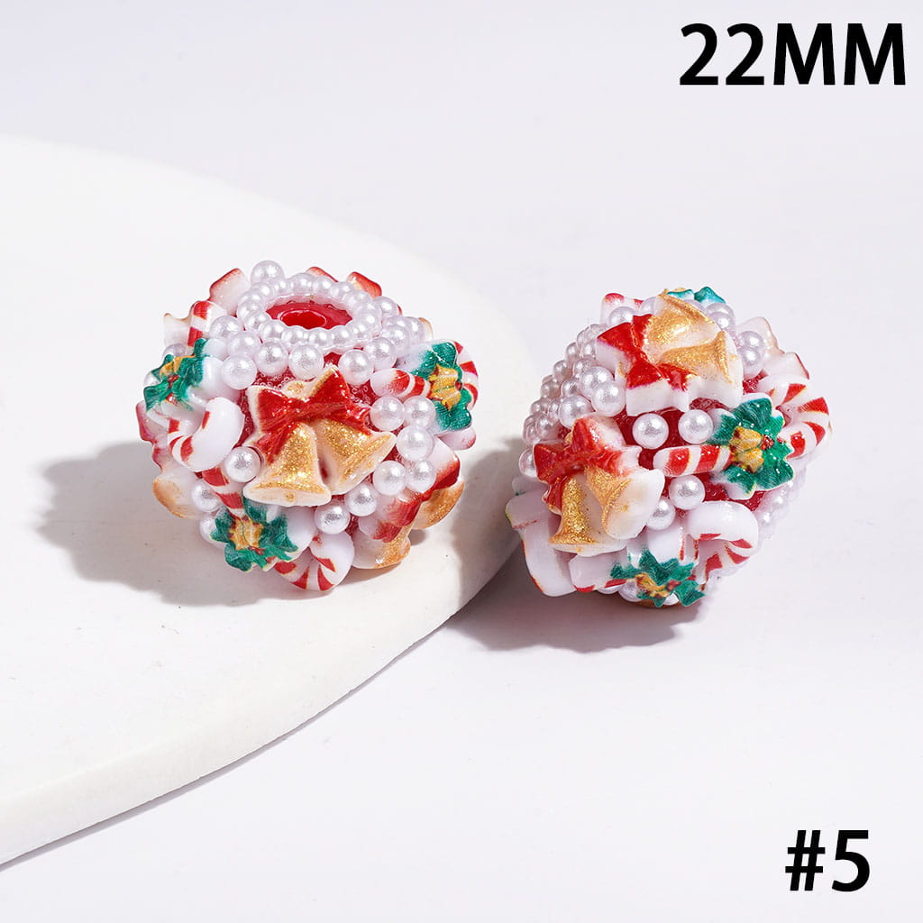 22MM-Christmas Tree Santa Claus Sock Snowman Gloves Bells Sleigh Wreath Candy Cane Acrylic Beads, White Pearls, Red Green White Base