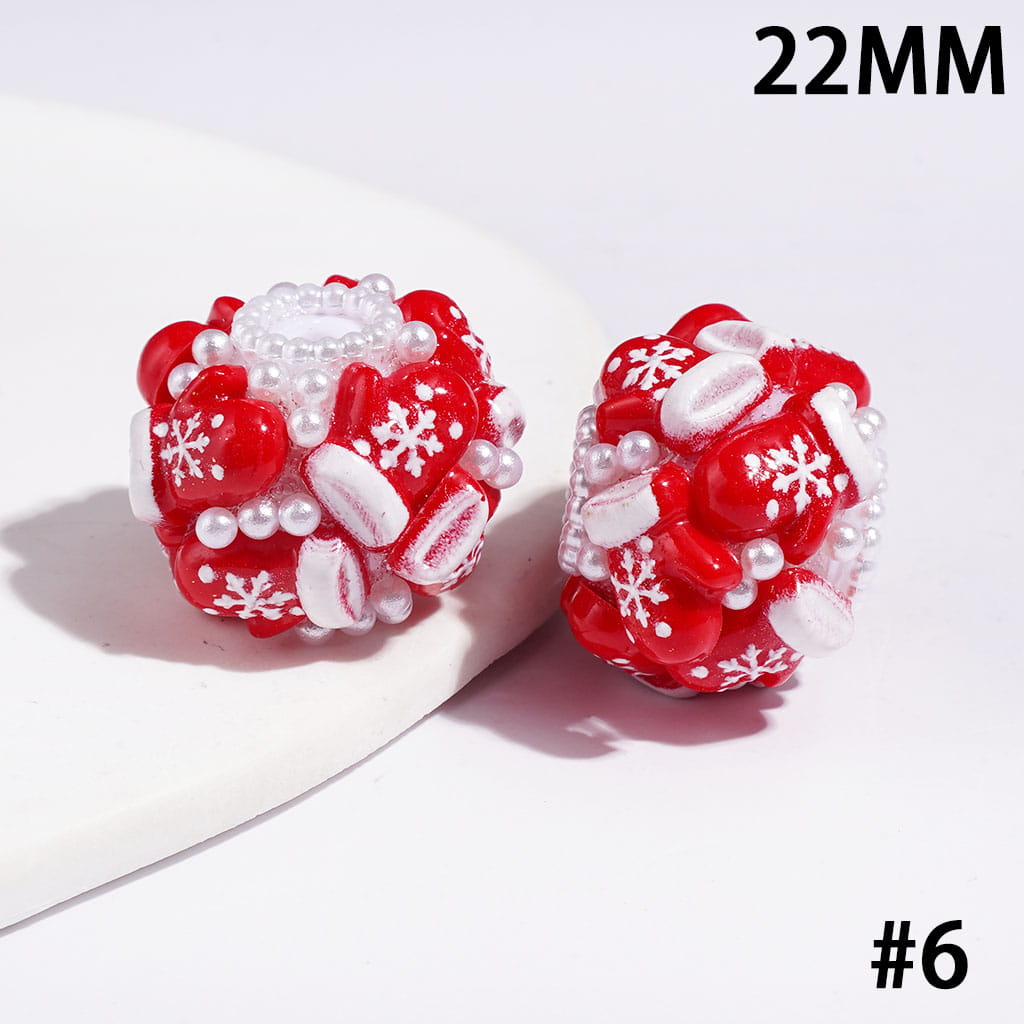 22MM-Christmas Tree Santa Claus Sock Snowman Gloves Bells Sleigh Wreath Candy Cane Acrylic Beads, White Pearls, Red Green White Base