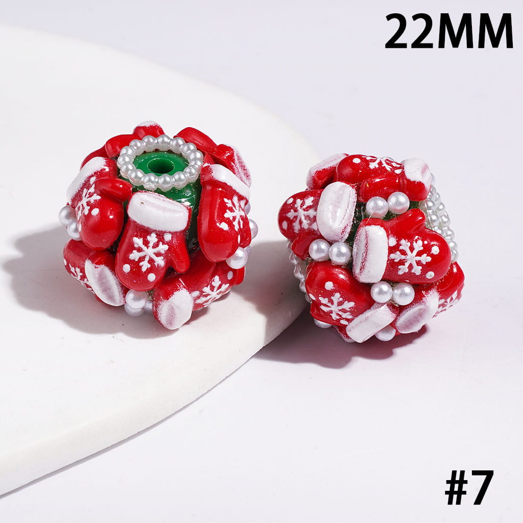 22MM-Christmas Tree Santa Claus Sock Snowman Gloves Bells Sleigh Wreath Candy Cane Acrylic Beads, White Pearls, Red Green White Base