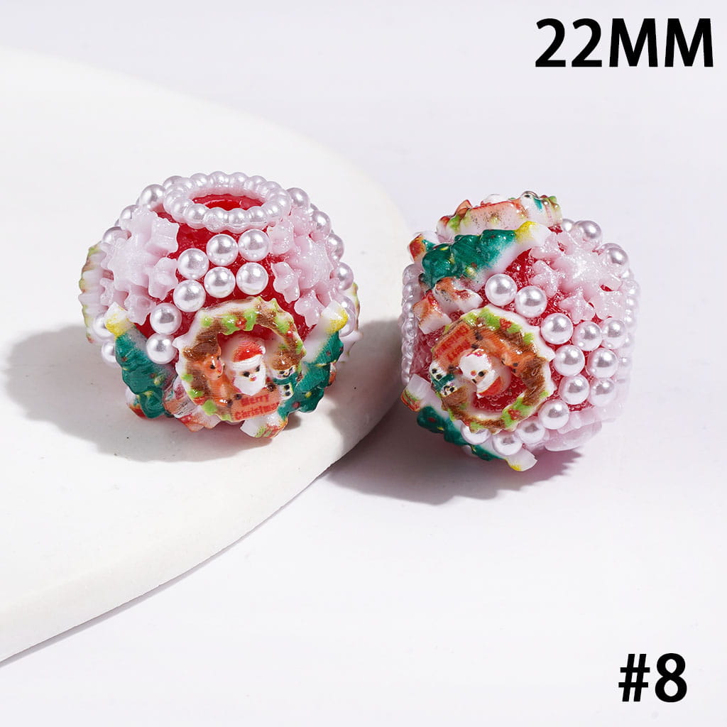 22MM-Christmas Tree Santa Claus Sock Snowman Gloves Bells Sleigh Wreath Candy Cane Acrylic Beads, White Pearls, Red Green White Base