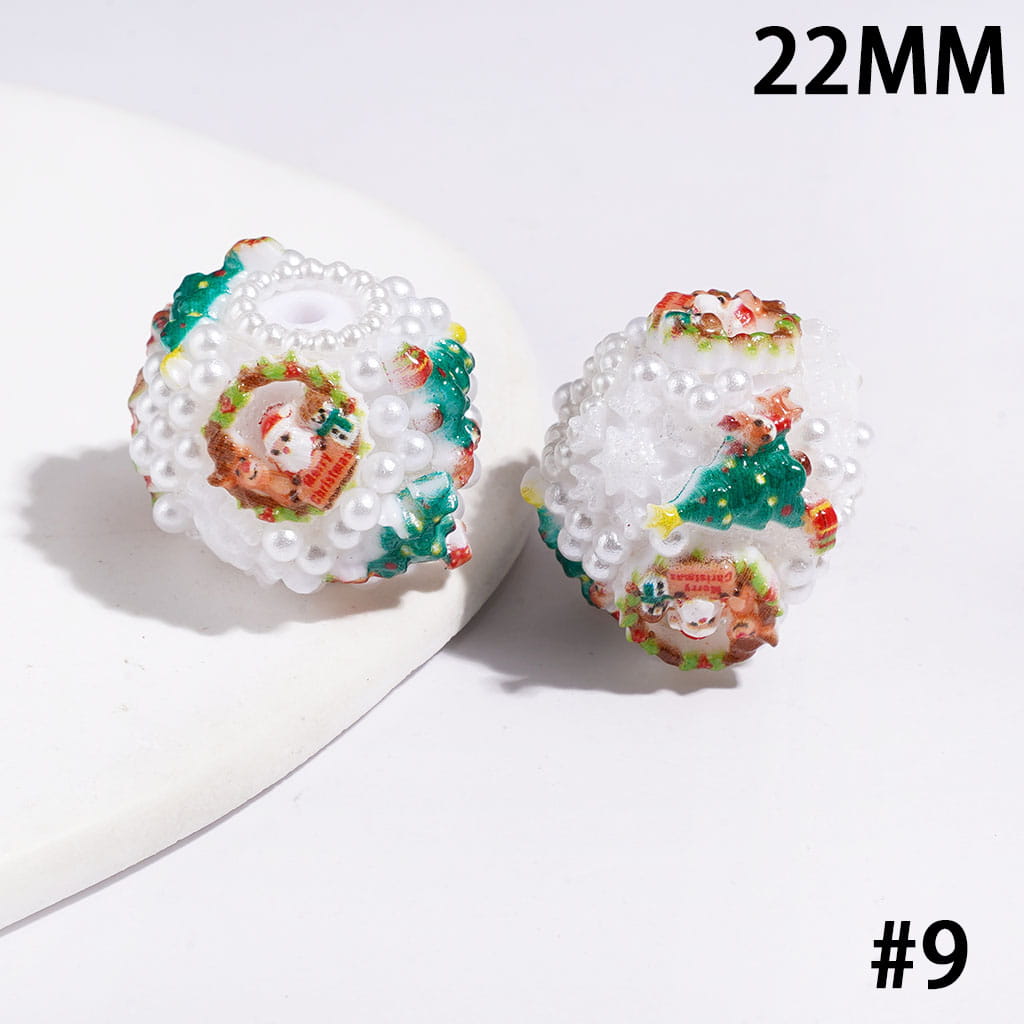 22MM-Christmas Tree Santa Claus Sock Snowman Gloves Bells Sleigh Wreath Candy Cane Acrylic Beads, White Pearls, Red Green White Base