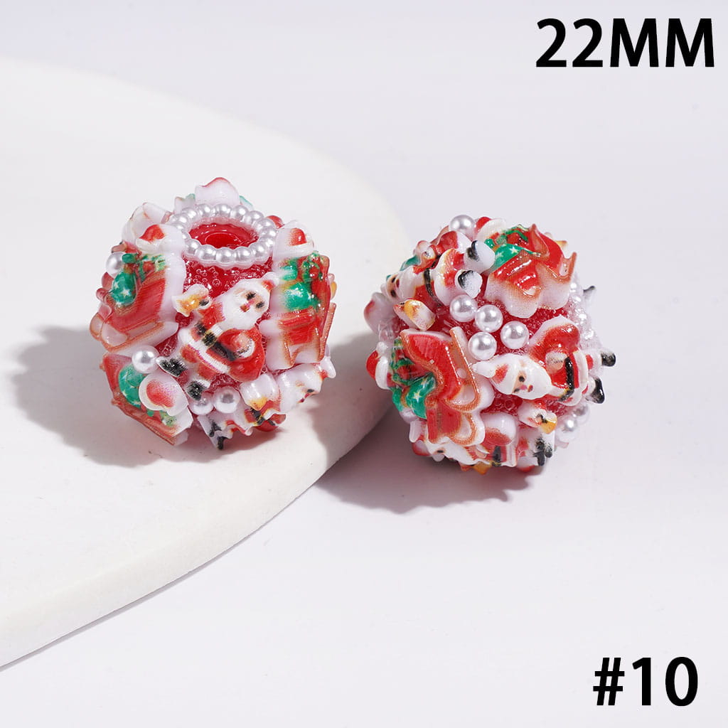 22MM-Christmas Tree Santa Claus Sock Snowman Gloves Bells Sleigh Wreath Candy Cane Acrylic Beads, White Pearls, Red Green White Base