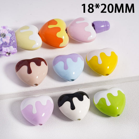 Acrylic Beads Cute Heart with Dripping Effect, Solid Color, 18*20MM, Random Mix