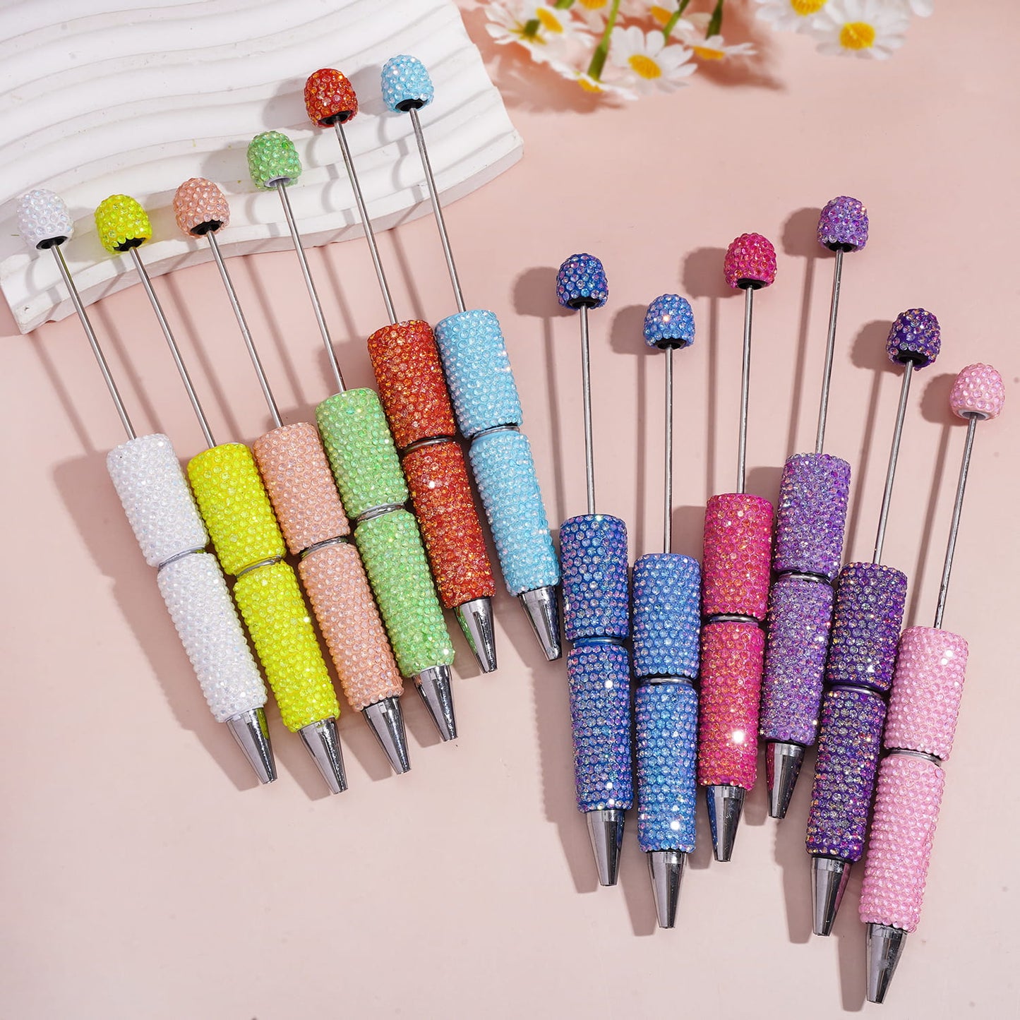 Beadable Clay Pens with Sparkling Iridescent Rhinestones Covered the Entire Pens, Multi-Color